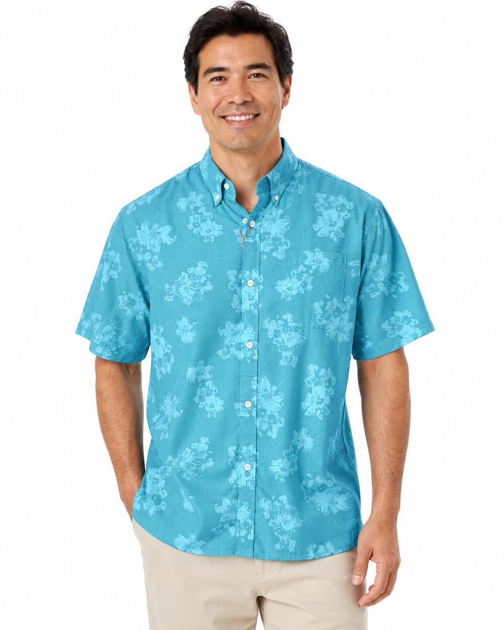 David's Wear Men's Turquoise Hawaiian Tropical Floral Print Button Down Shirt